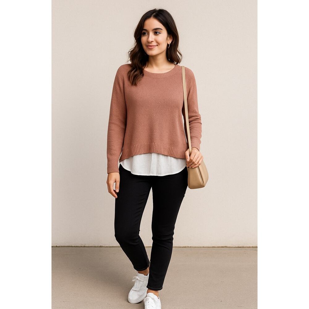 H&M Women’s Layered Look Sweater Faux Blouse Hem Dusty Rose Knit Pullover Sz XL